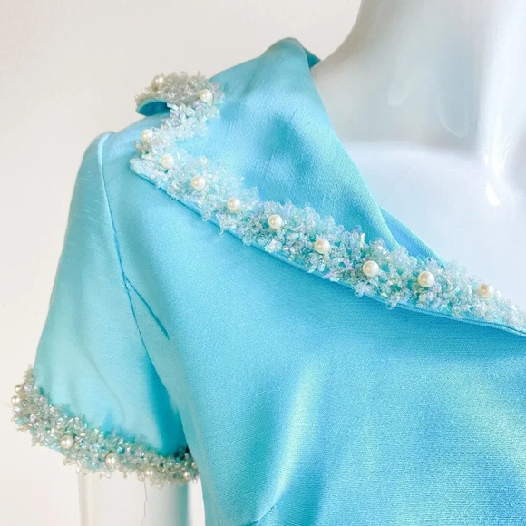 Vintage Light Blue 50s 60s Beaded Detail Short Sleeve Mini Dress S - Picture 7 of 11